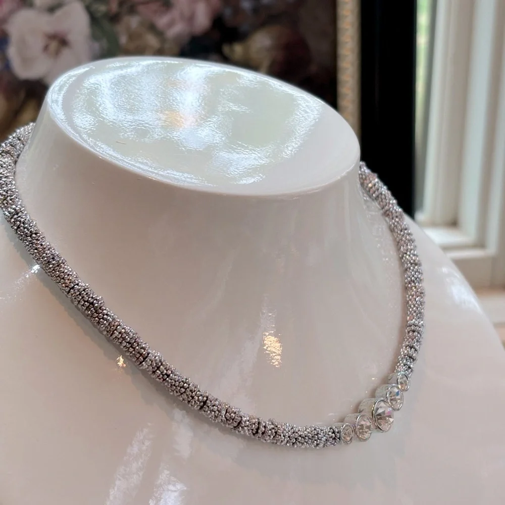 Choker Mesh Bead Silver‎ Tone Crystal Pendant Necklace